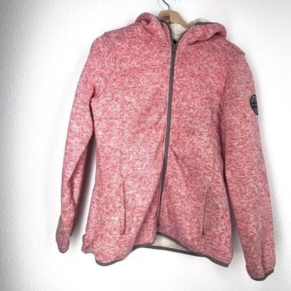 Bebe Sport Ribbed Zip Up Sweater hooded flece faux fur coat pink red Logo M